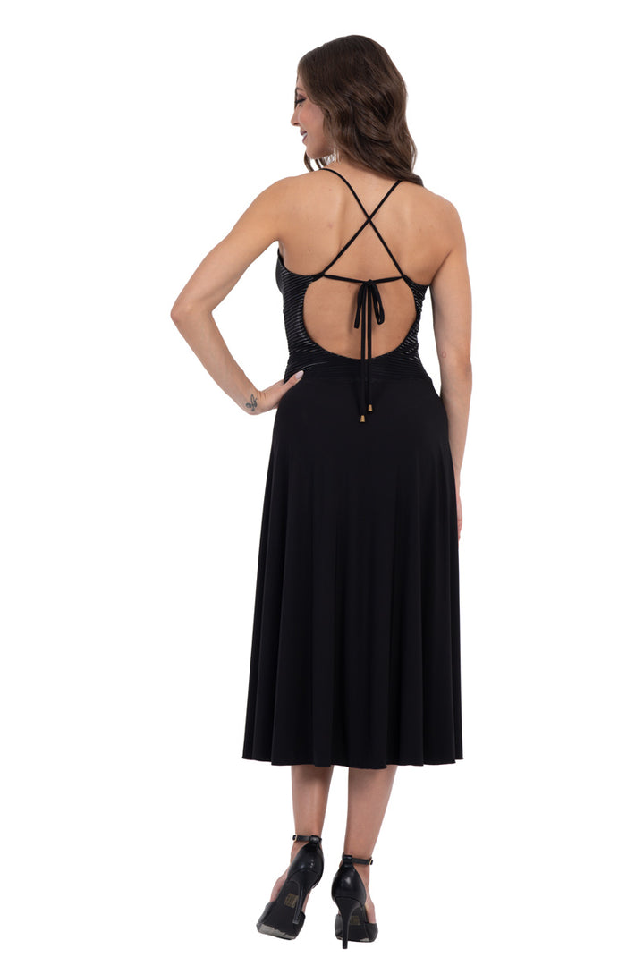 Black Lamé Fit & Flare Tango Dress With Spaghetti Straps