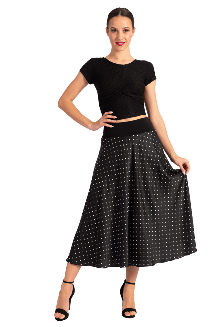 Black Satin Midi Polka Dot Skirt