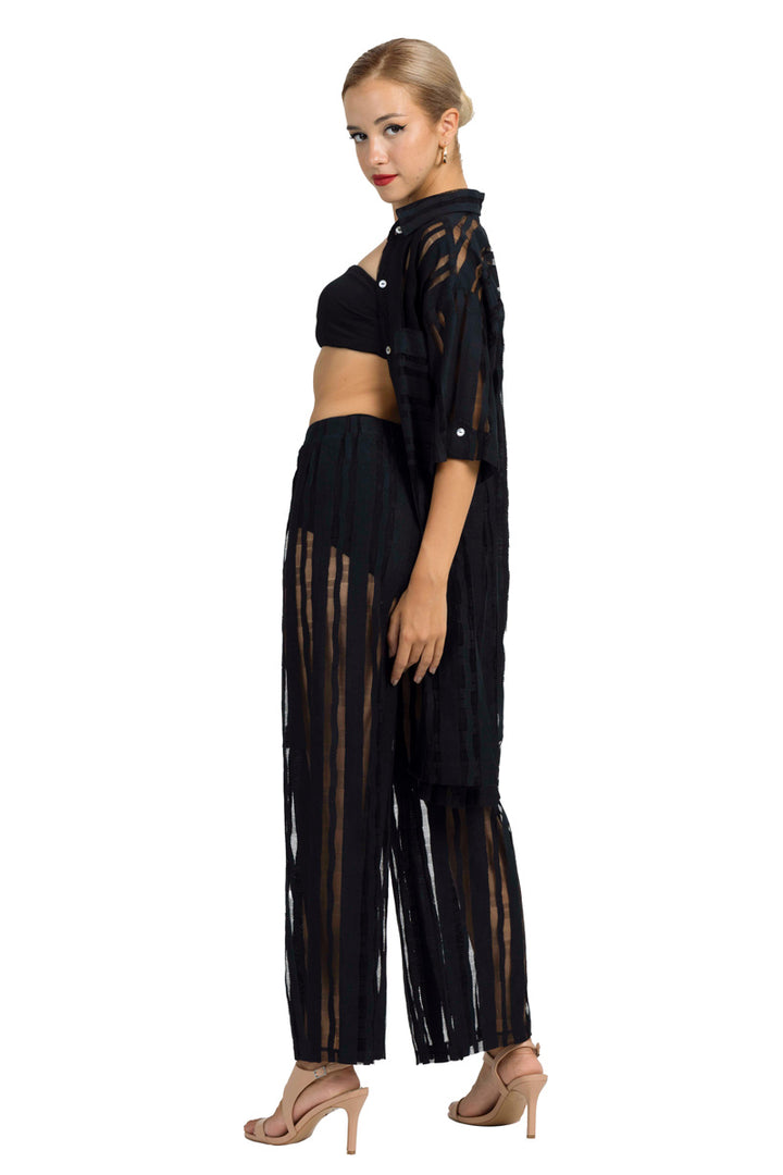 Black Sheer Striped Short-Sleeved Shirt Dress| Summer Tango Clothes conDiva Black Sheer Striped Short-Sleeved Shirt Dress| Summer Tango Clothes conDiva