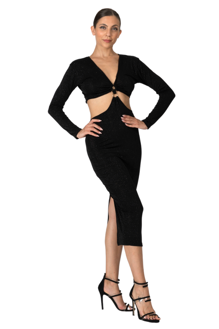 Woman wearing a black dress with a cutout design on a white background