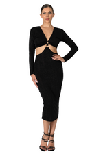 Load image into Gallery viewer, Black dress with cut-out design worn by a model on a white background