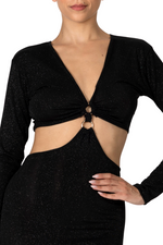 Load image into Gallery viewer, Black long-sleeve top with cut-out design on a white background