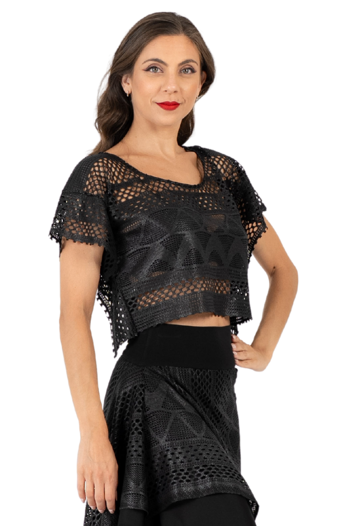 Black Shiny Lace Boxy Crop Top