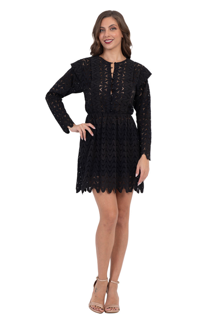 Black Zig-Zag Lace Mini Dress With Sleeves conDiva Black Zig-Zag Lace Mini Dress With Sleeves conDiva