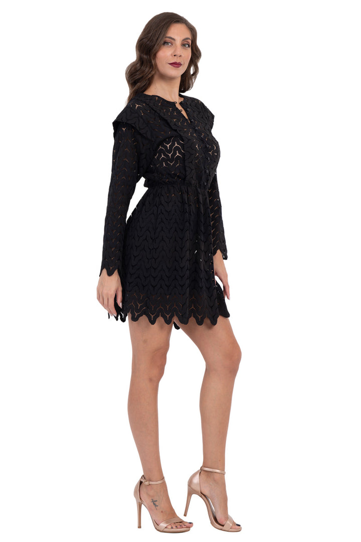 Black Zig-Zag Lace Mini Dress With Sleeves