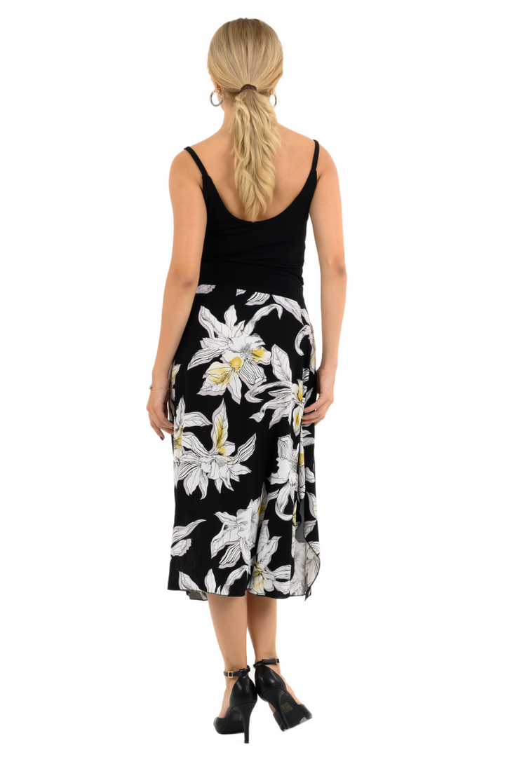 Black Floral Print Skirt With Side Draping