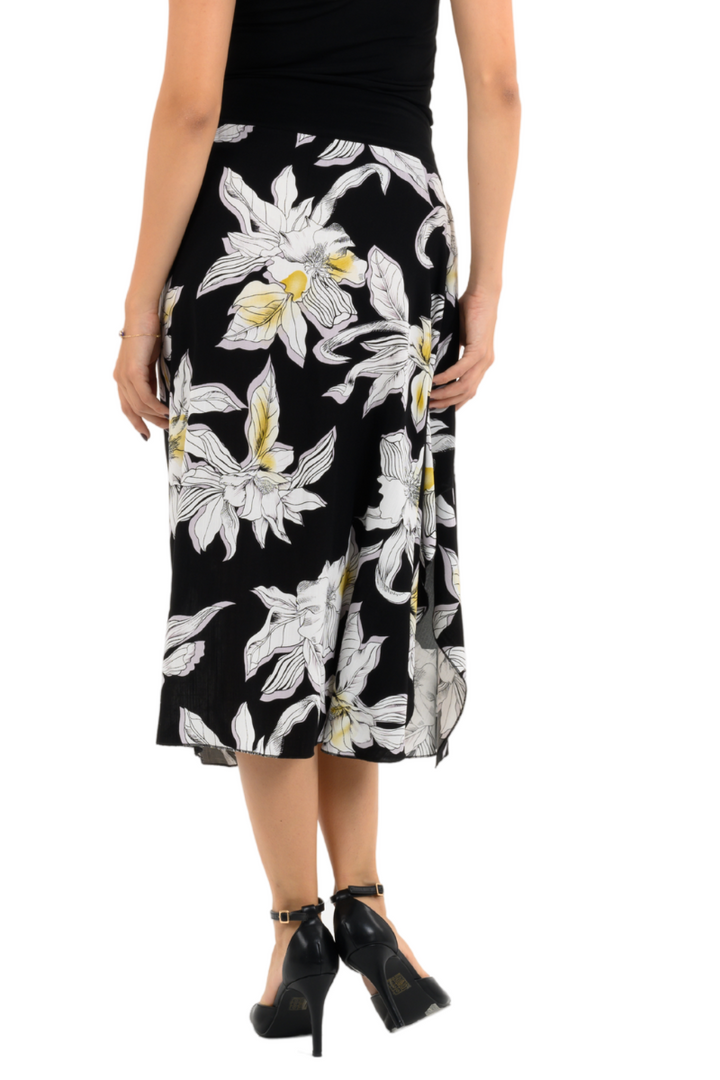 Black Floral Print Skirt With Side Draping