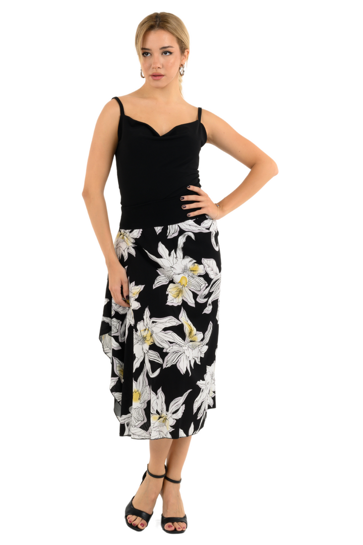 Black Floral Print Skirt With Side Draping