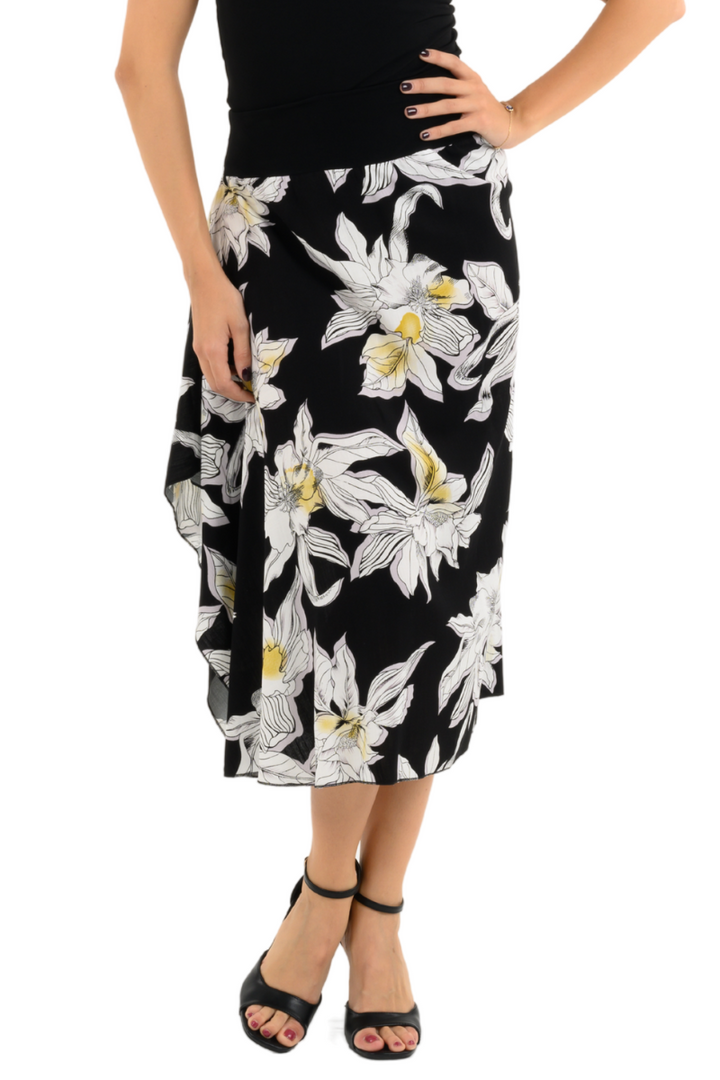 Black Floral Print Skirt With Side Draping
