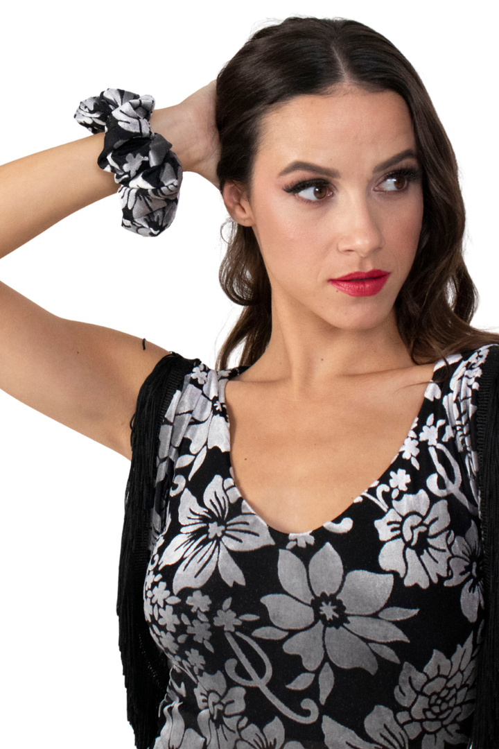 Black & Grey Floral Print Velvet Scrunchie