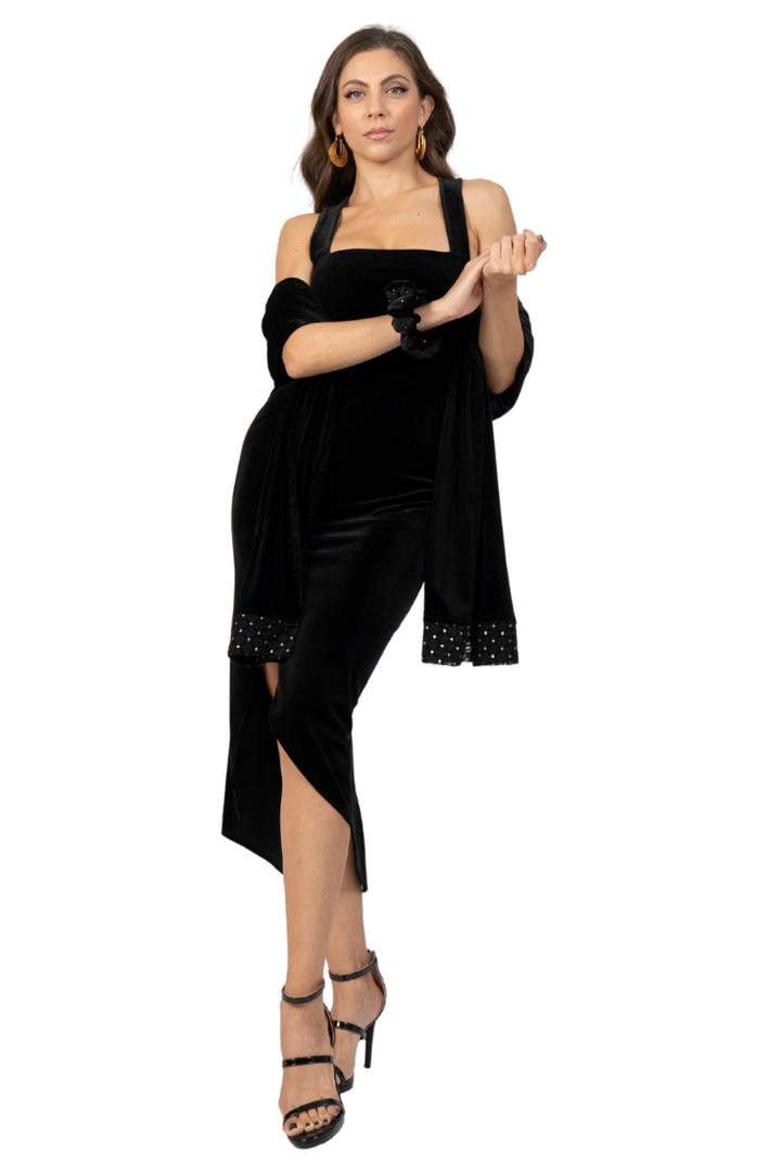 Black Velvet Shawl With Tulle Edges