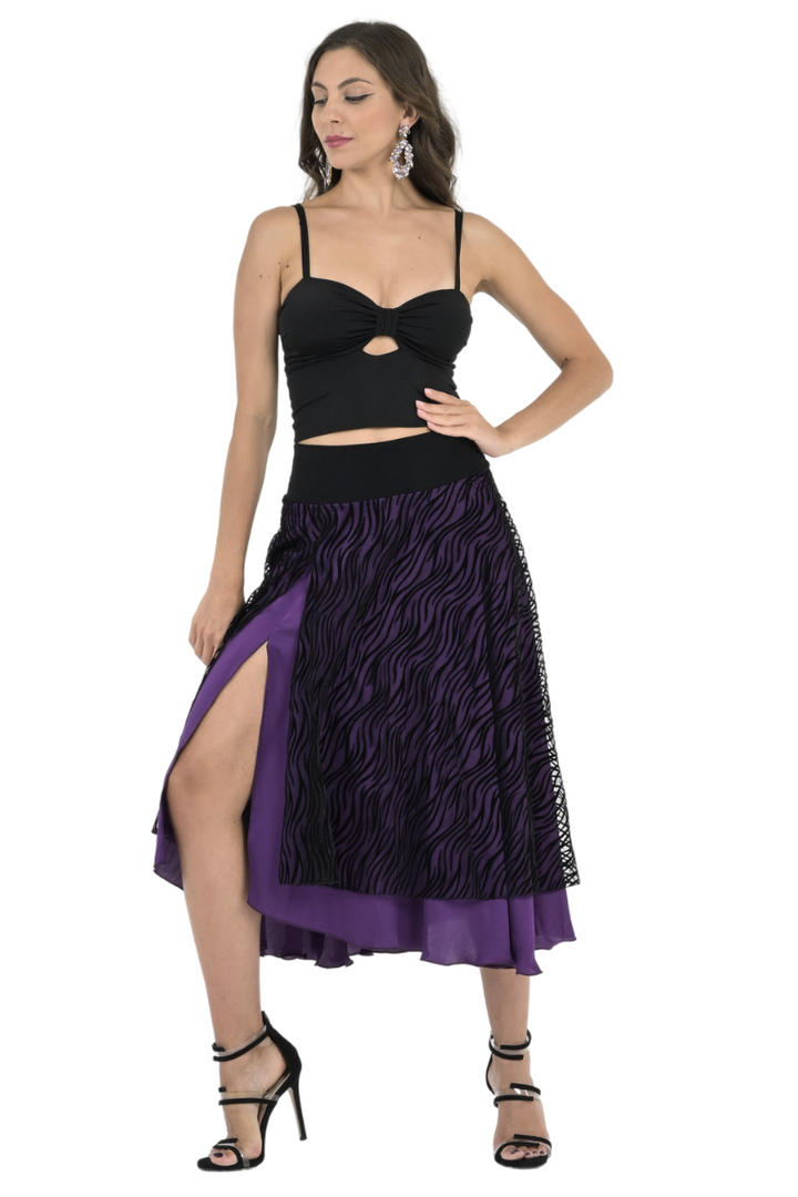 Black & Purple Mesh Zebra Print Two-layer Satin Skirt