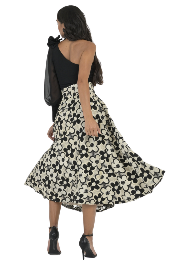 Black And Gold Floral Tulle A-Line Midi Skirt