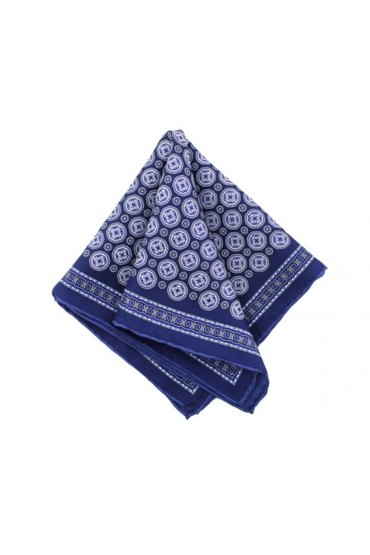Blue Circular Medallion Print Silk Men's Pocket Square