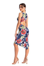 Load image into Gallery viewer, Blue Floral Keyhole Back Fishtail Tango Dress