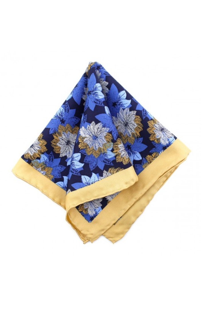 Blue Floral Silk Men's Pocket Square With Yellow Frame