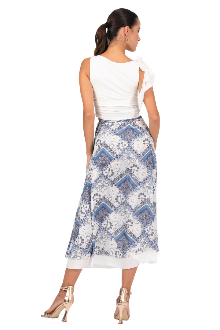 Blue Mixed Prints Two-layer Wrap Dance Skirt