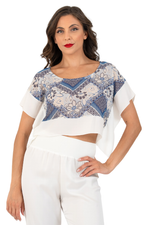 Load image into Gallery viewer, Blue Patchwork Floral Boxy Crop Top