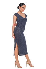 Load image into Gallery viewer, Blue Shiny Scoop Midi Dress With High Side Slit
