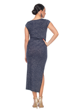 Load image into Gallery viewer, Blue Shiny Scoop Midi Dress With High Side Slit
