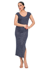 Load image into Gallery viewer, Blue Shiny V-neck Midi Dress With High Side Slit
