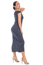 Load image into Gallery viewer, Blue Shiny V-neck Midi Dress With High Side Slit

