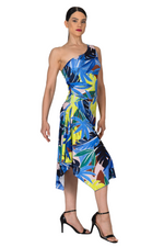 Load image into Gallery viewer, Woman wearing a colorful one-shoulder dress with a leaf pattern on a white background
