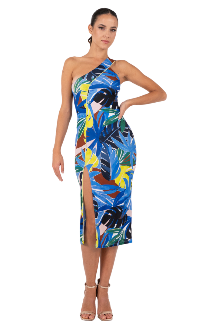 Blue Tropical Print One-Shoulder Tango Dress With Slits