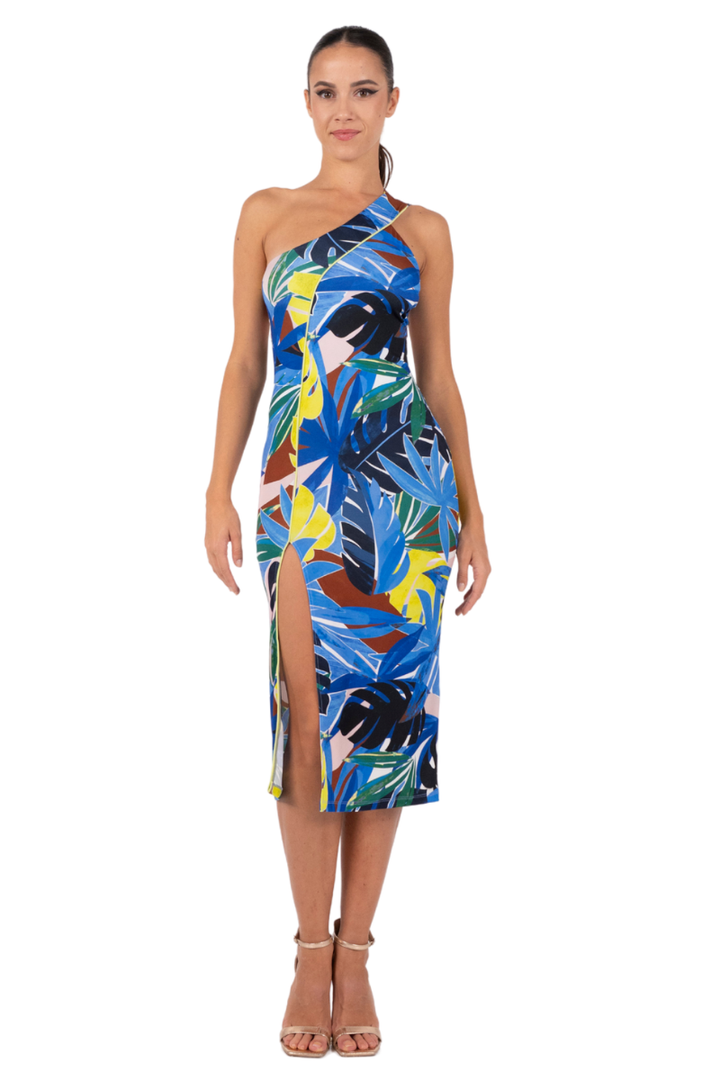 Blue Tropical Print One-Shoulder Tango Dress With Slits