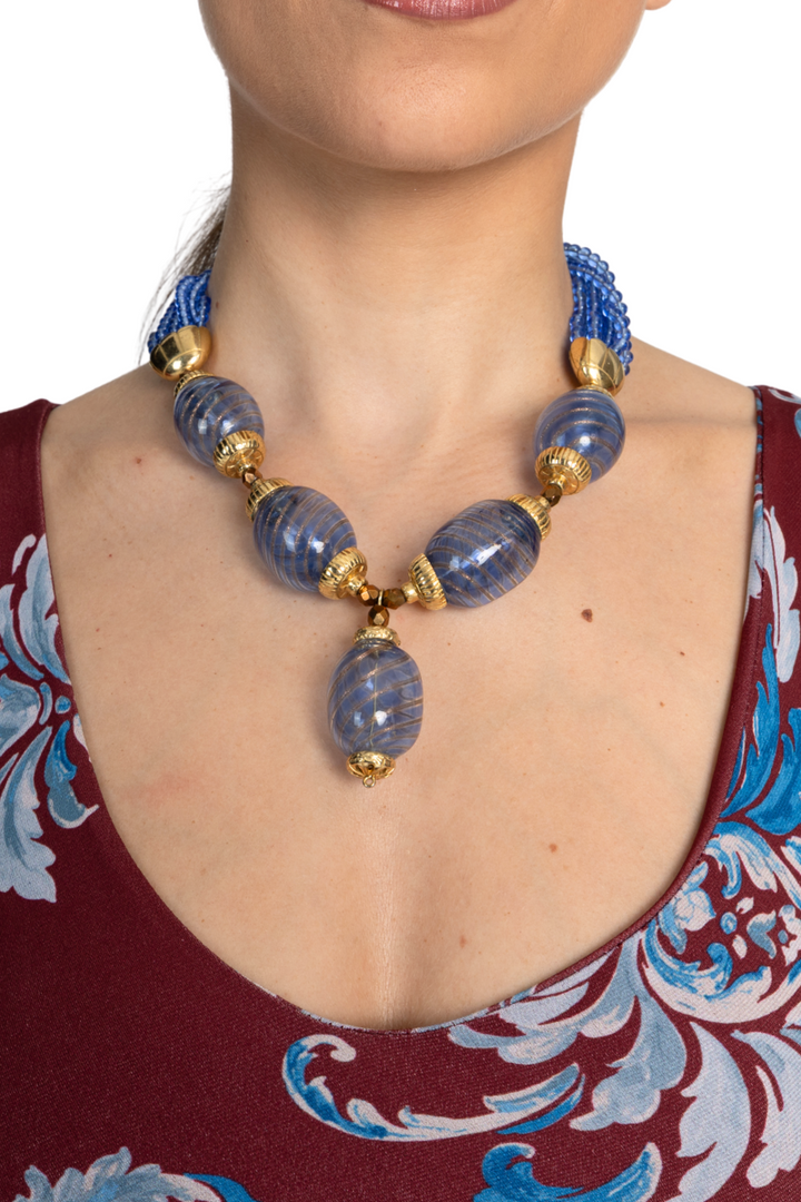 Blue And Gold Statement Beaded Tango Necklace