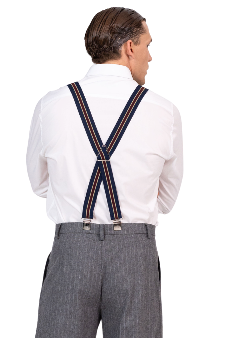 Blue Men's Adjustable Suspenders With Burgundy Stripe