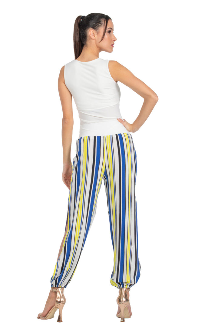 Blue & Yellow Striped Gathered Tango Pants With Slits