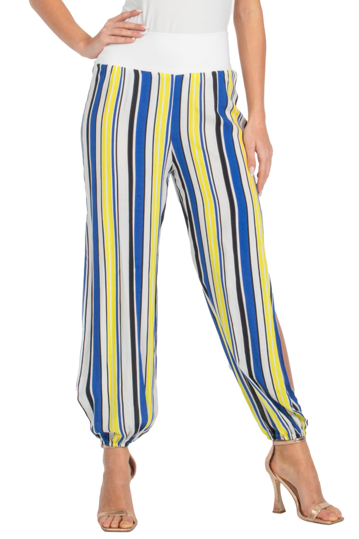 Blue & Yellow Striped Gathered Tango Pants With Slits