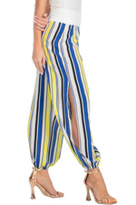 Load image into Gallery viewer, Blue &amp; Yellow Striped Gathered Tango Pants With Slits

