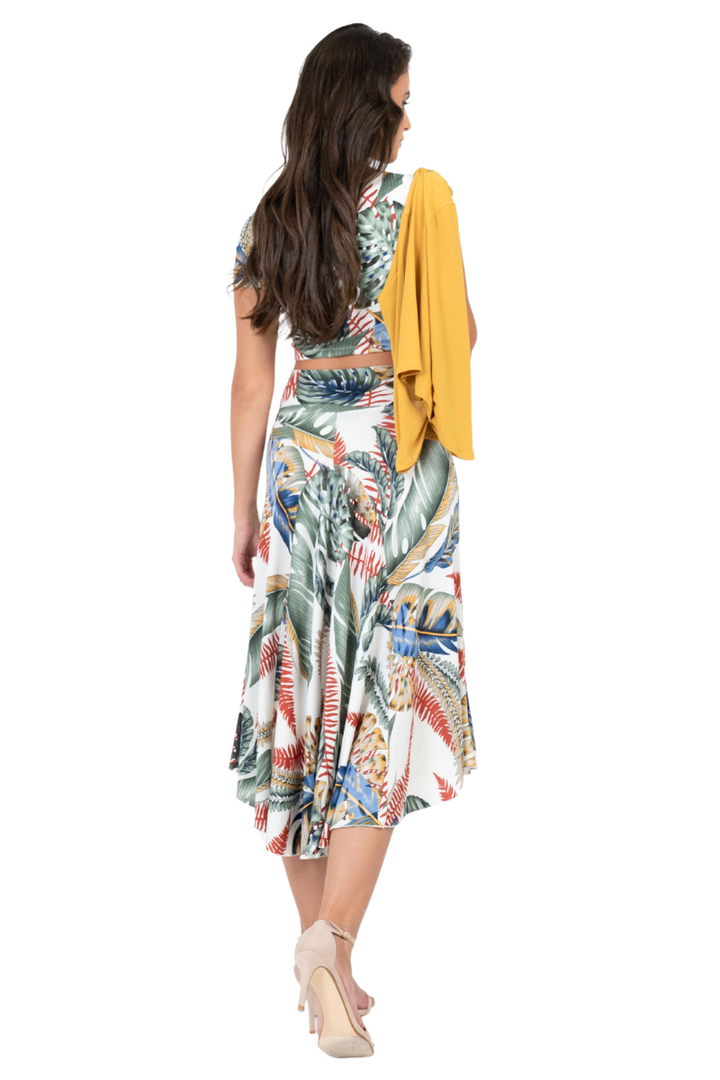 Botanic Leaf Print Tango Skirt With Right Slit