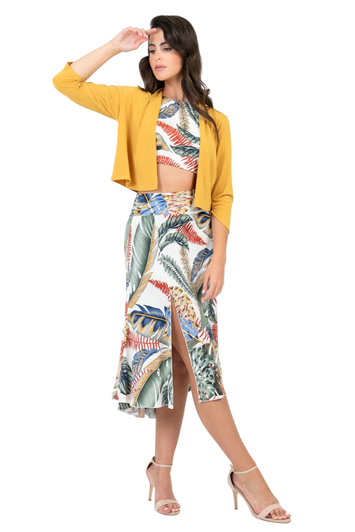 Botanic Leaf Print Tango Skirt With Right Slit