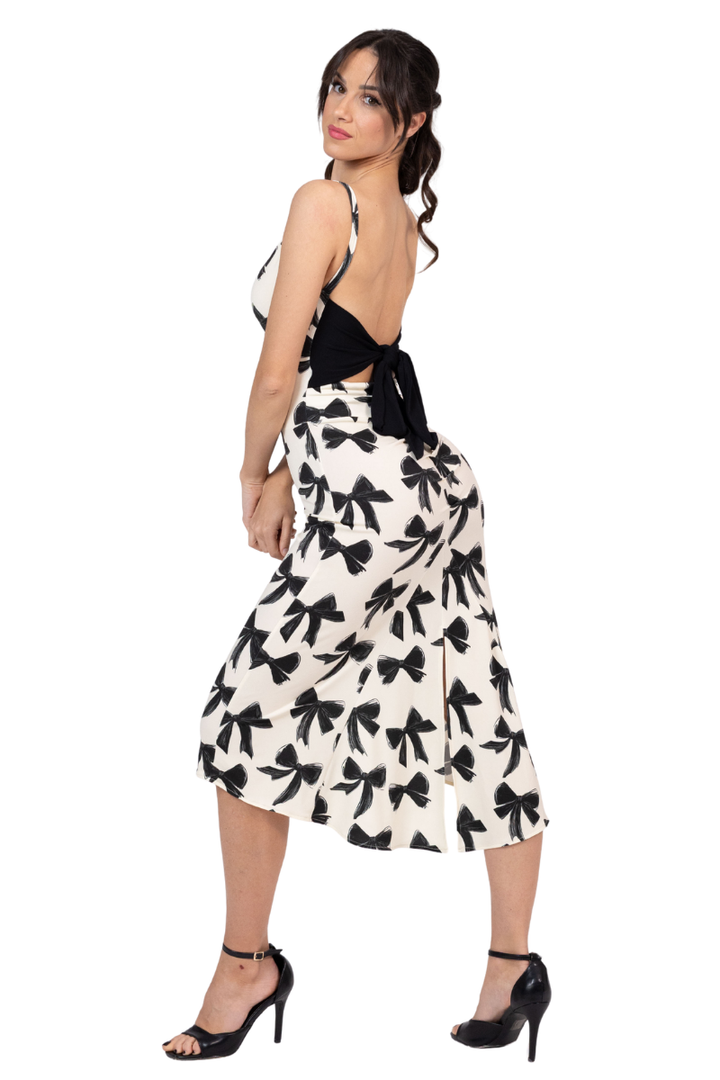 Bows Print Fishtail Dress With Bow Back