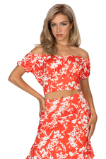 Load image into Gallery viewer, Bright Red Floral Print Off-The-Shoulder Crop Top
