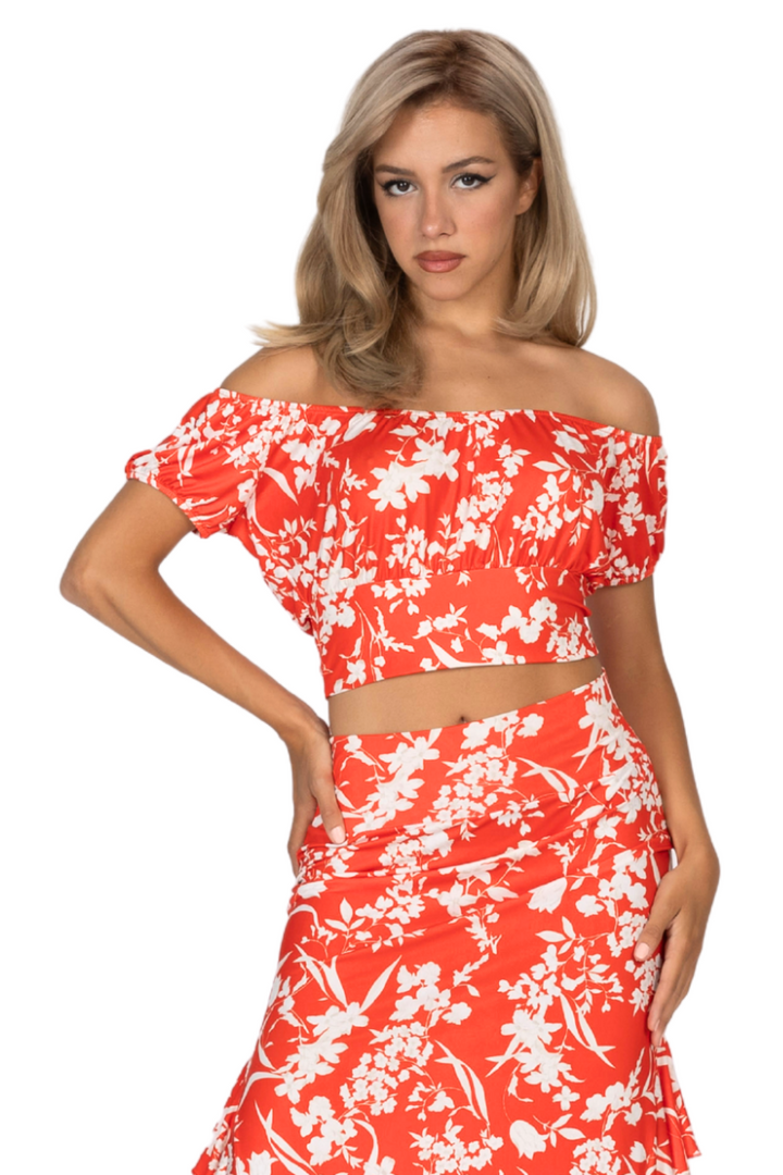 Bright Red Floral Print Off-The-Shoulder Crop Top