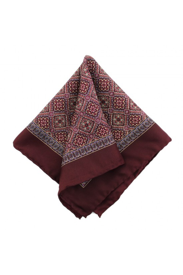 Burgundy Geometric Medallion Print Silk Men's Pocket Square