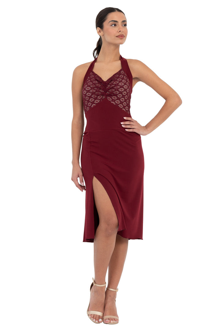Burgundy Halter-neck Tango Dress with Lace Bust