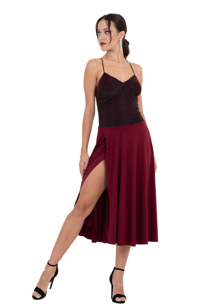 Burgundy Lamé Fit & Flare Tango Dress With Spaghetti Straps