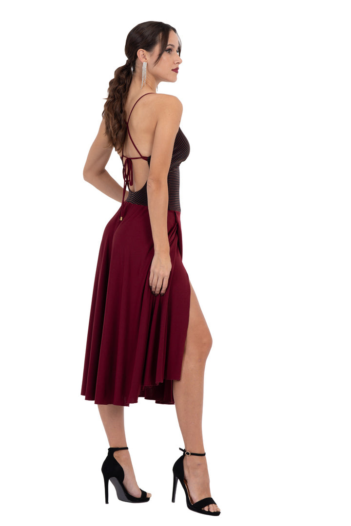 Burgundy Lamé Fit & Flare Tango Dress With Spaghetti Straps
