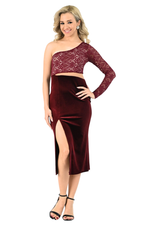 Load image into Gallery viewer, Burgundy One Sleeve Velvet Tango Dress With Lace