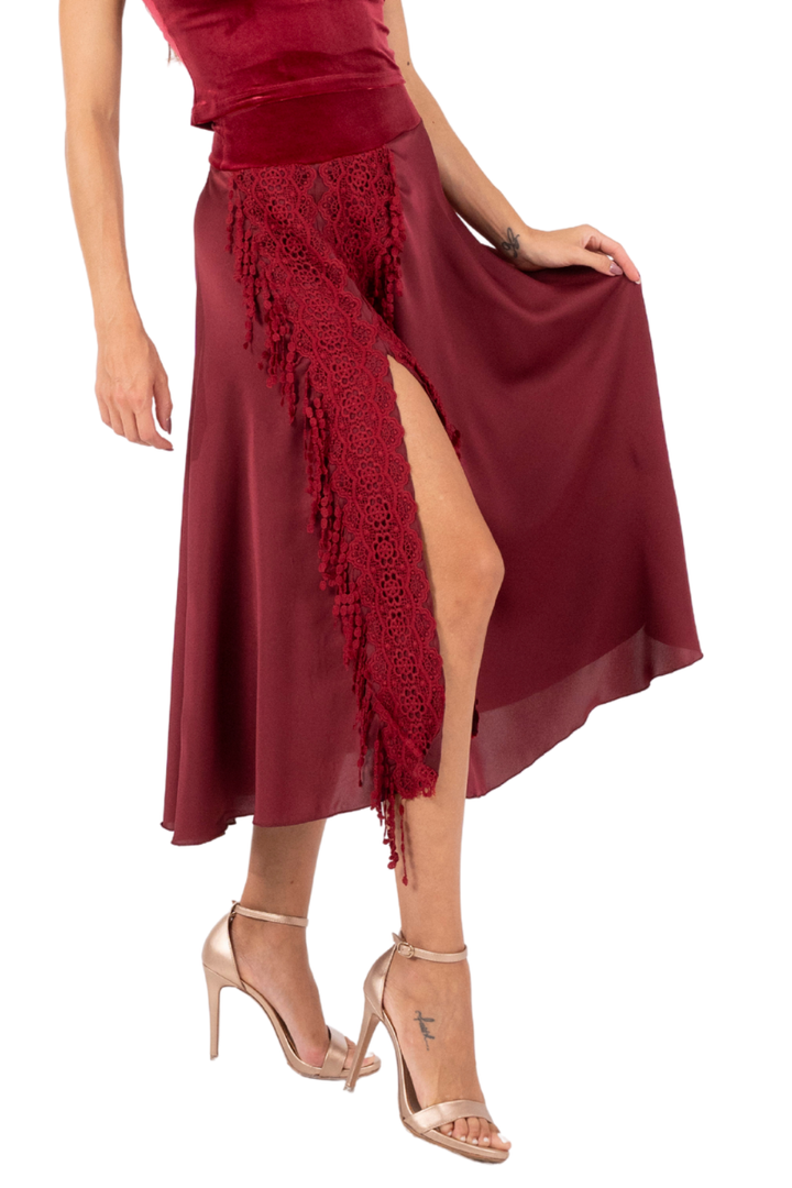 Burgundy Satin Skirt With Lace Detail