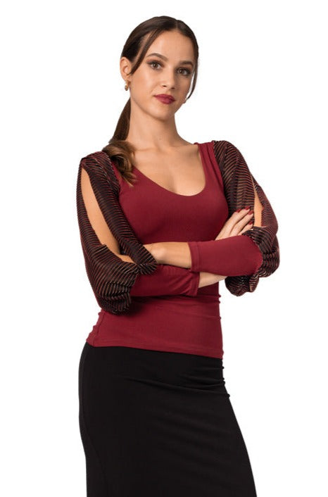 Top With Long Striped Lamé Split Sleeves (L) (Black)