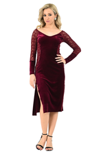 Load image into Gallery viewer, Burgundy Velvet Tango Dress with Lace Sleeves