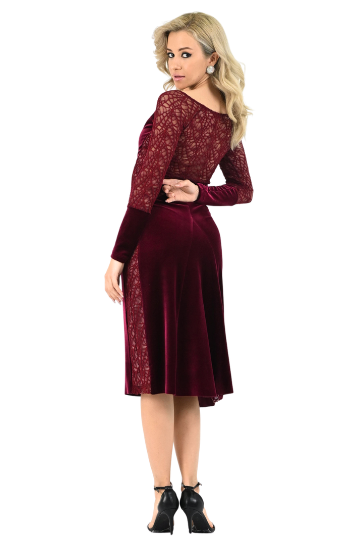 Burgundy Velvet Tango Dress with Lace Sleeves