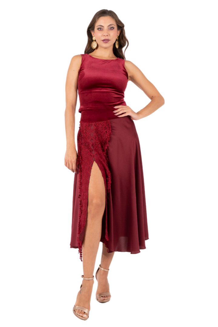 Burgundy Satin Skirt With Lace Detail