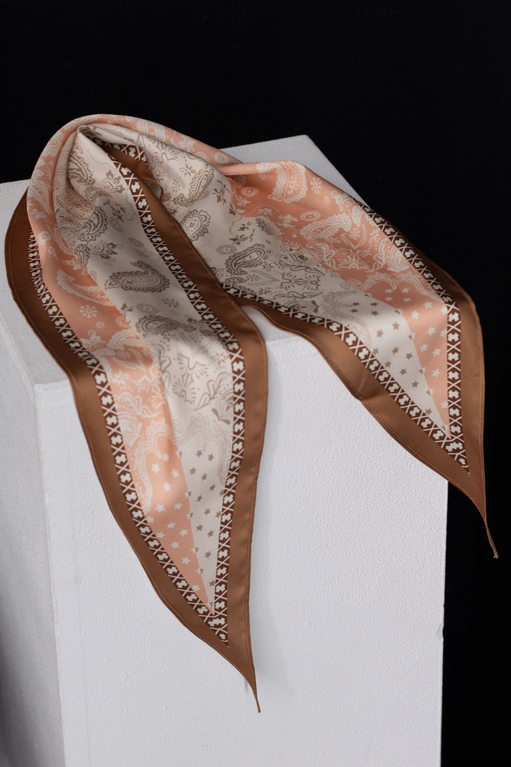 Camel Brown Mixed Print Satin Diamond Scarf